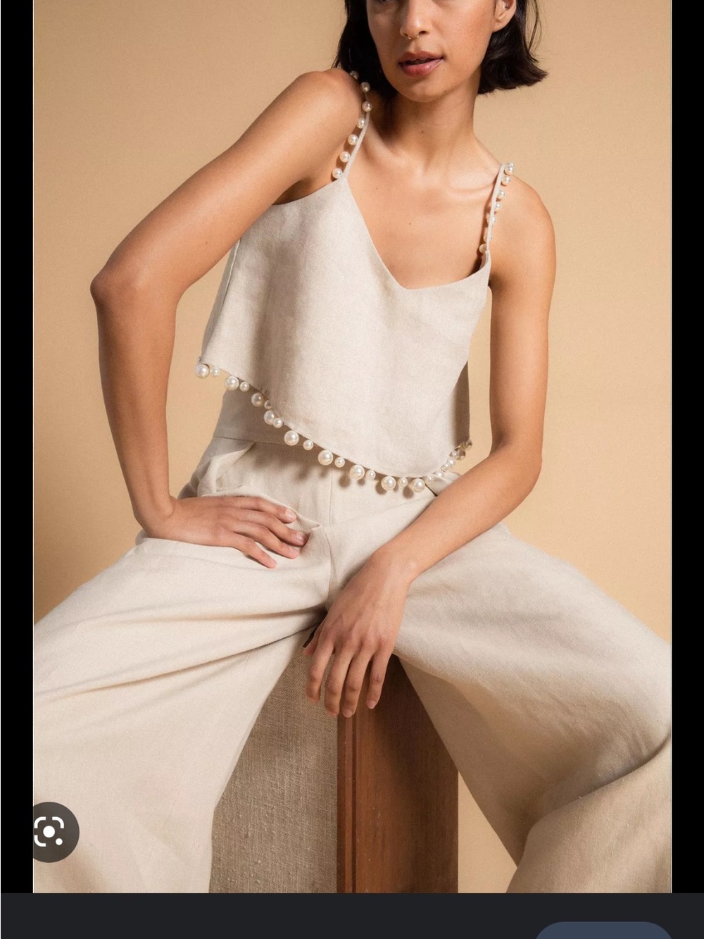 Rosie Assoulin Cream Wide-Leg Pants with Pearl Trim